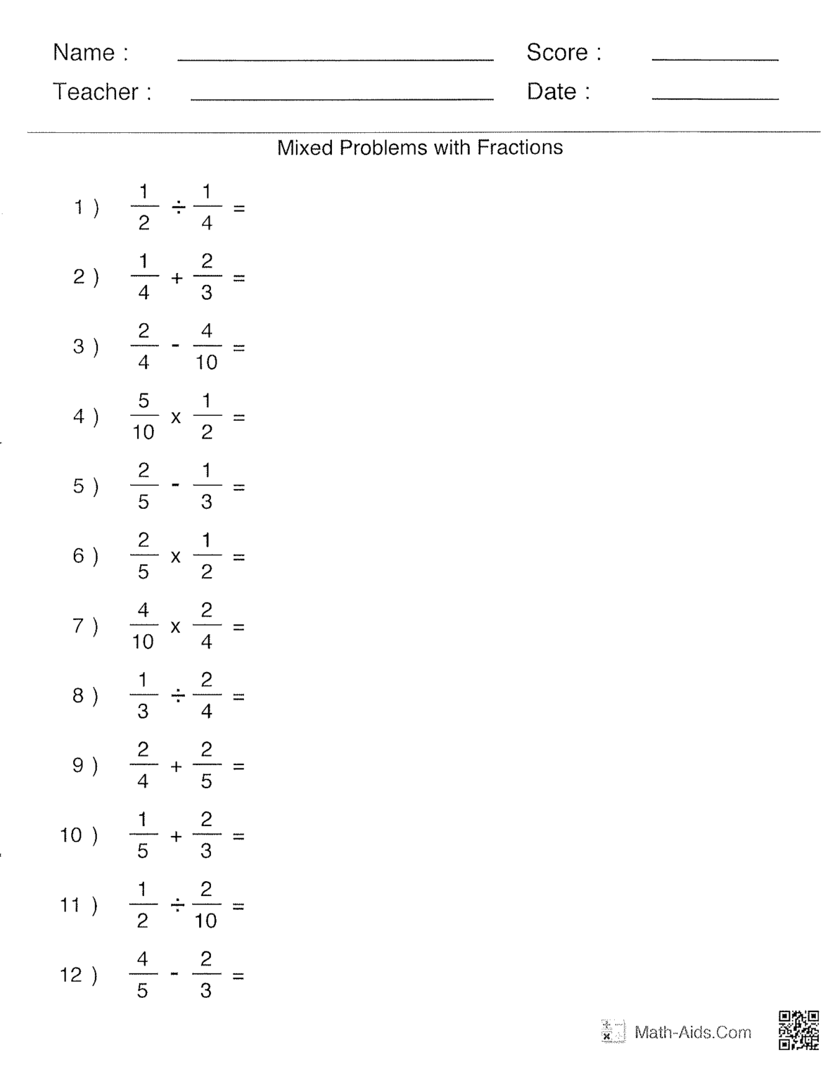 Operations With Fractions Worksheets