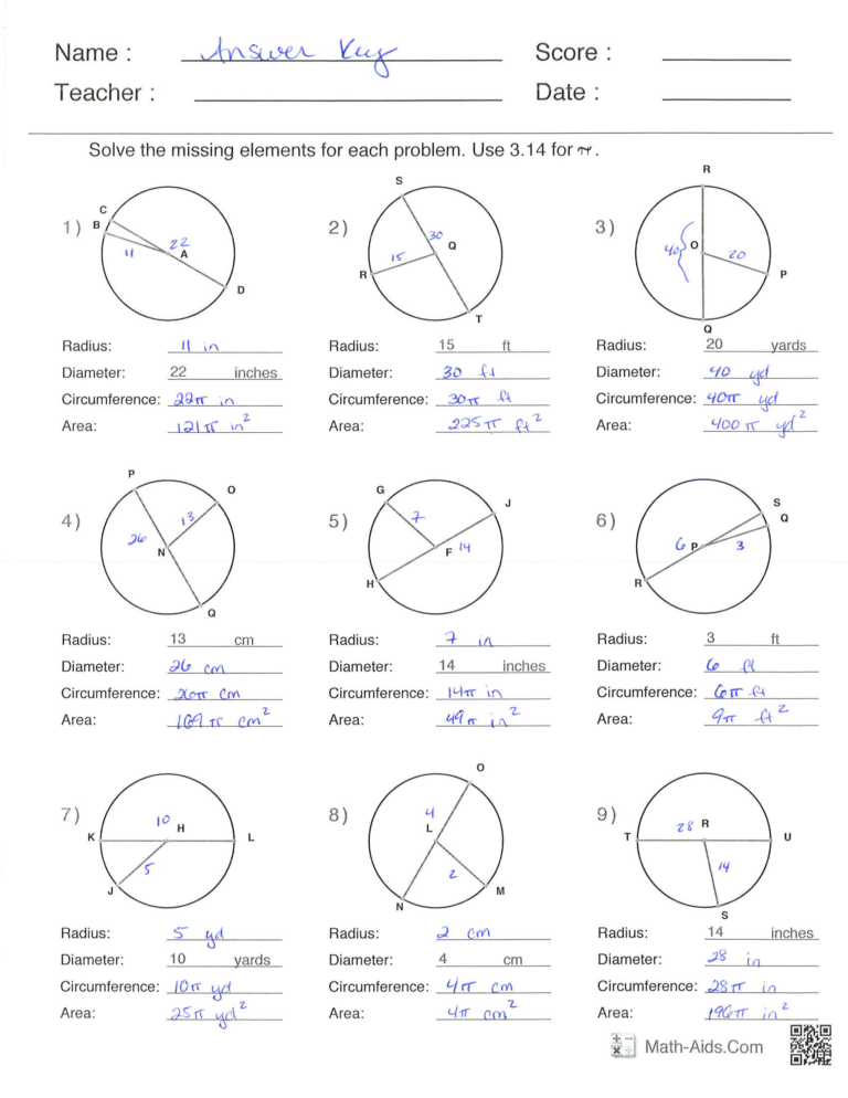 Answer Key Radius And Diameter Worksheet Answers