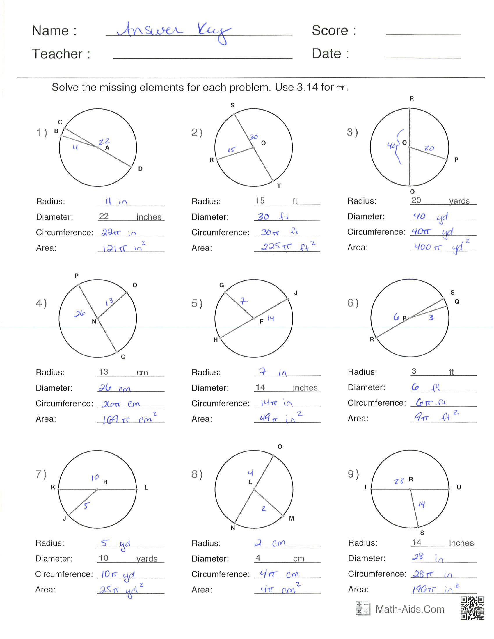 Circle Radius And Diameter With Answers Lupon gov ph