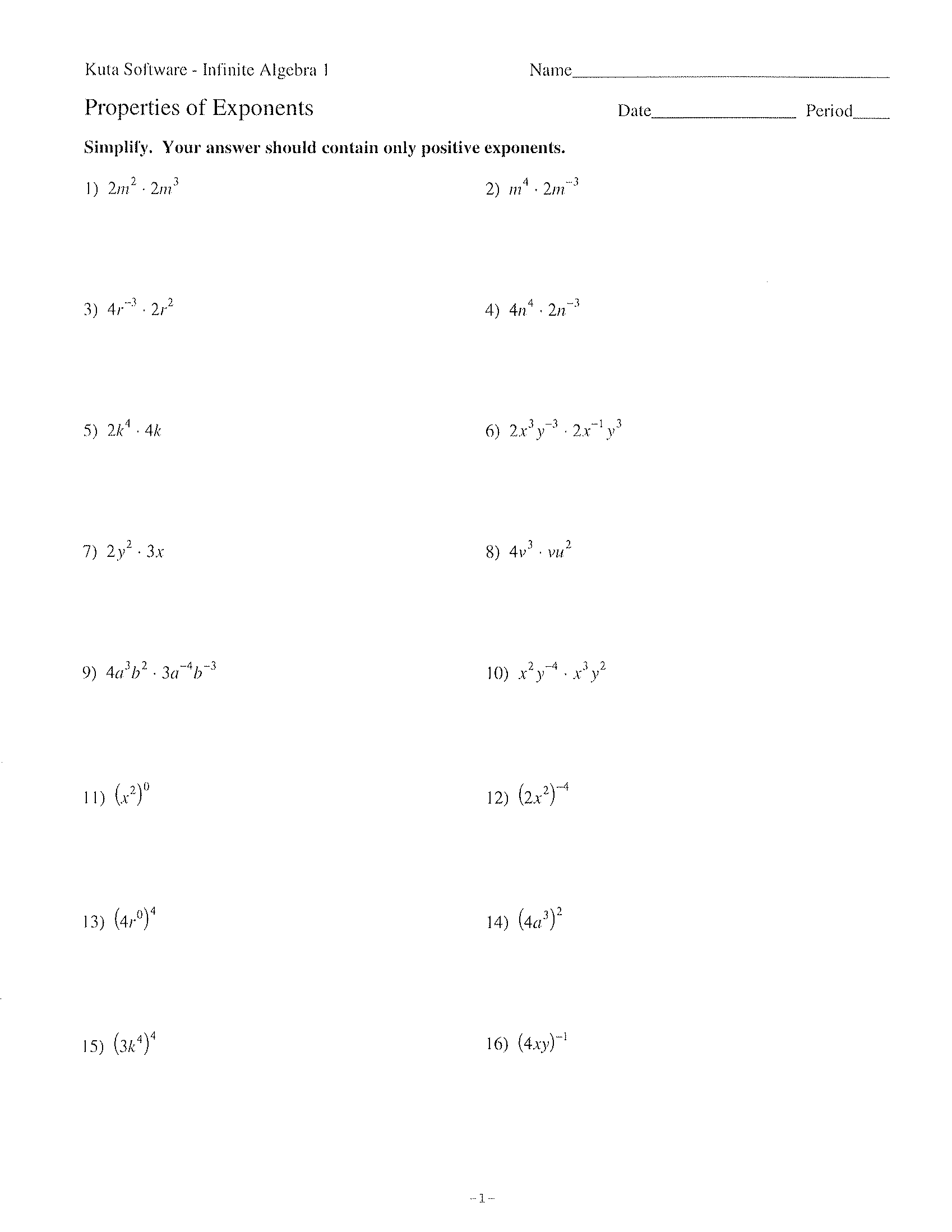 Exponent Rules Review Worksheet With Answers