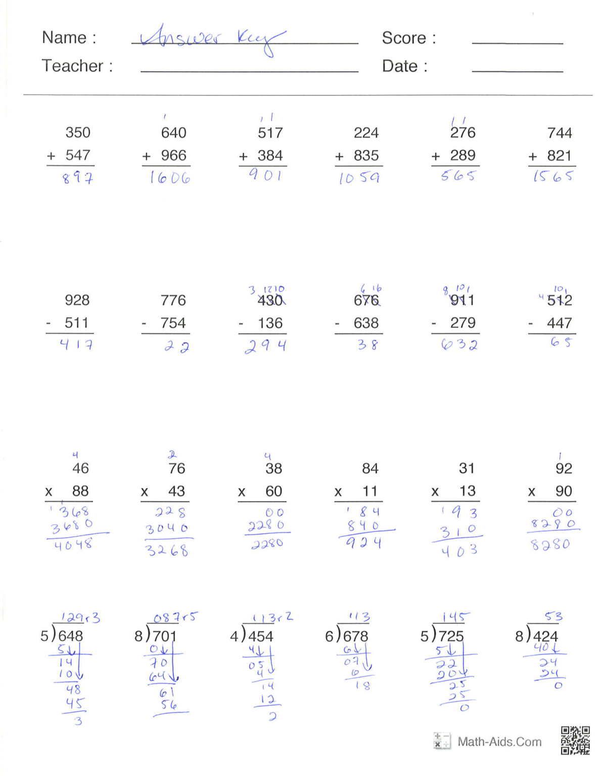 Operations With Whole Numbers Worksheet Pdf