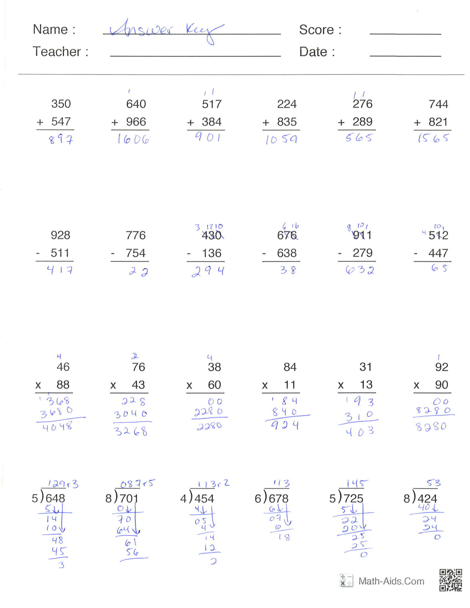 Four Number Operations Worksheets